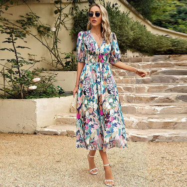 Flowing midi dress with floral print – teal, V-neck & puff sleeves 4