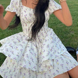French Floral Corset Slim Mini Dress with Puff Sleeve 3