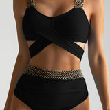 High-Waisted Bikini with Elegant Golden Cross Straps 0