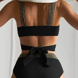 High-Waisted Bikini with Elegant Golden Cross Straps 2