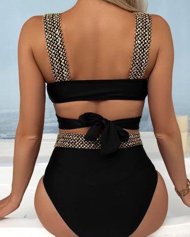 High-Waisted Bikini with Elegant Golden Cross Straps 4