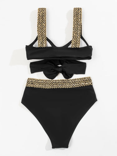High-Waisted Bikini with Elegant Golden Cross Straps 7