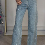 High Waisted Diamanté Straight Leg Jeans 0