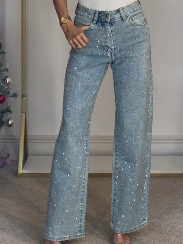 High Waisted Diamanté Straight Leg Jeans 0