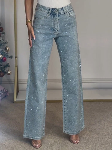 High Waisted Diamanté Straight Leg Jeans 1