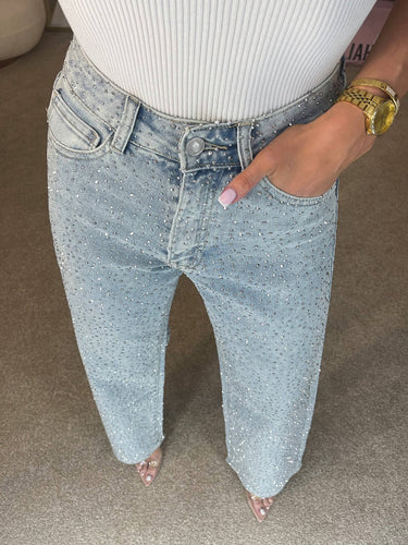 High Waisted Diamanté Straight Leg Jeans 4