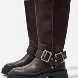 Knee-High Chunky Flat Boots – Retro Buckle 0