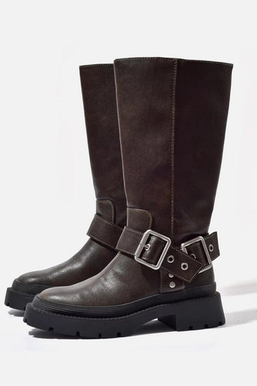Knee-High Chunky Flat Boots – Retro Buckle 0