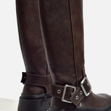 Knee-High Chunky Flat Boots – Retro Buckle 1