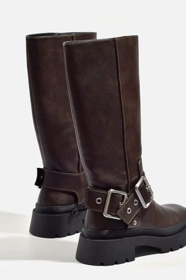 Knee-High Chunky Flat Boots – Retro Buckle 1