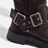 Knee-High Chunky Flat Boots – Retro Buckle 2