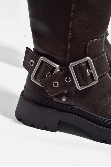 Knee-High Chunky Flat Boots – Retro Buckle 2