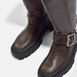 Knee-High Chunky Flat Boots – Retro Buckle 3