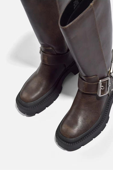 Knee-High Chunky Flat Boots – Retro Buckle 3