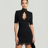 Lace Mini Dress – Sophisticated High Collar Bodycon Style 0