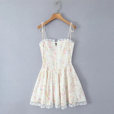 Lace Stitching Print Waist Tie Dress 2025 Fashion Summer Sleeveless Suspender Dresses Women Casual Seaside Holiday Mini Dress 4