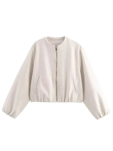 Ladies Fashion Autumn Winter Jacket Women Retro Round Neck Long Sleeve Elastic Hem Zipper Soft Bomber Jacket Women Coat Female 8