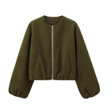 Ladies Fashion Autumn Winter Jacket Women Retro Round Neck Long Sleeve Elastic Hem Zipper Soft Bomber Jacket Women Coat Female 9