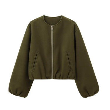 Ladies Fashion Autumn Winter Jacket Women Retro Round Neck Long Sleeve Elastic Hem Zipper Soft Bomber Jacket Women Coat Female 9