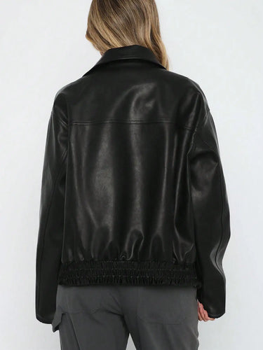 Ladies' autumn and winter casual black zipper loose PU jacket jacket 1