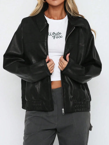 Ladies' autumn and winter casual black zipper loose PU jacket jacket 2