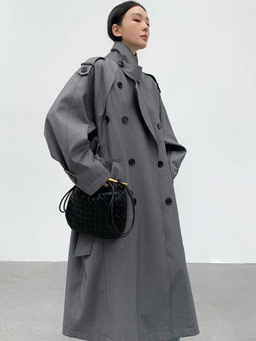 Lautaro Spring Autumn Oversized Khaki Long Grey Trench Coat for Women Double Breasted Loose Casual Korean Fashion Overcoat 2024 3