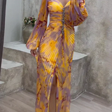 Luxurious evening dress with pleats and off-the-shoulder for summer – yellow and purple print and glitter details 1