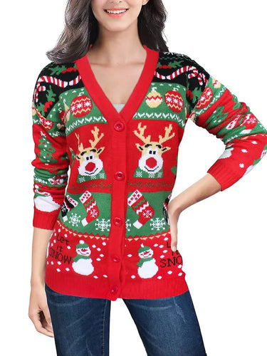 Merry Xmas Holiday Look Women's Knitted Sweater Cartoon Print Full Sleeve Christmas Cardigans Knitwear Warm Soft Jacket Coat Top 6