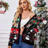 Merry Xmas Holiday Look Women's Knitted Sweater Cartoon Print Full Sleeve Christmas Cardigans Knitwear Warm Soft Jacket Coat Top 7