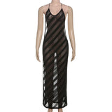Mesh See Through Sexy Halter Party Club Maxi Split Dress Outfits Women Summer Sleeveless Backless Bodycon Long Dresses Vestido 3