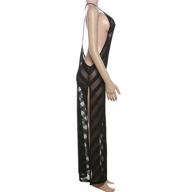 Mesh See Through Sexy Halter Party Club Maxi Split Dress Outfits Women Summer Sleeveless Backless Bodycon Long Dresses Vestido 4