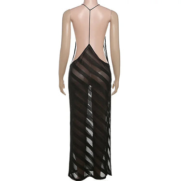 Mesh See Through Sexy Halter Party Club Maxi Split Dress Outfits Women Summer Sleeveless Backless Bodycon Long Dresses Vestido 5