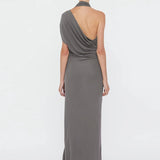 Nibber Temperament Hollow Irregular Dress Women Side Metal Buckle Backless Ruched Sleeveless Skinny Stretch Simple Maxi Bodycon 4
