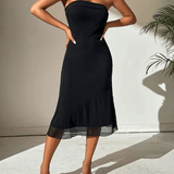 Off Shoulder Bodycon Midi Dress – Strapless Bandeau Formal Dress for Wedding Guests and Cocktail Parties, Comfortable Elastic Fabric 1