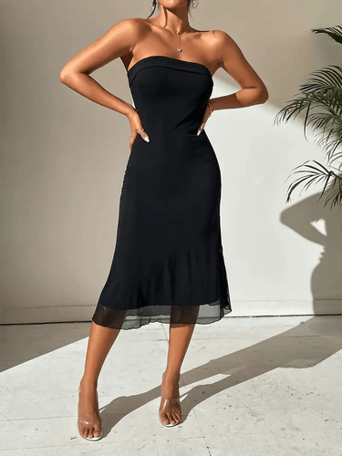 Off Shoulder Bodycon Midi Dress – Strapless Bandeau Formal Dress for Wedding Guests and Cocktail Parties, Comfortable Elastic Fabric 1
