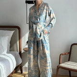 Printed Women's Co-Ord Set with Tie-Up Waist, Wide-Leg Trousers, and Lapel Collar - Versatile Two Piece Set for Day to Evening 0