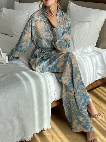 Printed Women's Co-Ord Set with Tie-Up Waist, Wide-Leg Trousers, and Lapel Collar - Versatile Two Piece Set for Day to Evening 1