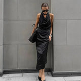 Satin Halter Maxi Dress for Wedding Guests – Bodycon Fit with Scarf Detail for Formal Events 0