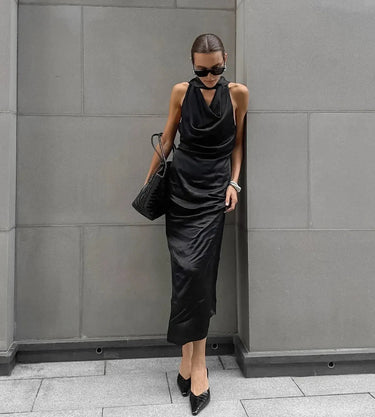 Satin Halter Maxi Dress for Wedding Guests – Bodycon Fit with Scarf Detail for Formal Events 0