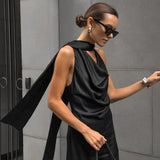 Satin Halter Maxi Dress for Wedding Guests – Bodycon Fit with Scarf Detail for Formal Events 2