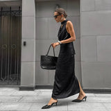 Satin Halter Maxi Dress for Wedding Guests – Bodycon Fit with Scarf Detail for Formal Events 4