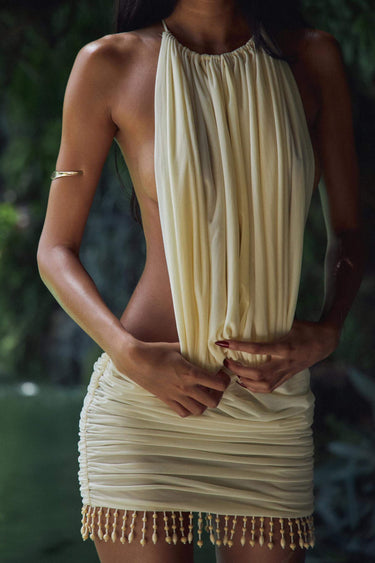 Sculptural Mini Dress with Adjustable Ties and Beaded Hem – Elegant Women's Summer Dress 5