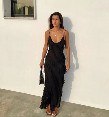 Semi-Sheer Ladder Ruffle Zippered Maxi Dress 4