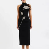 Sexy Backless Feather Embellished Diamond Embedded Floral Wrap Dress Mid-Length Sleeveless Gown Tight Fit Mid Waist Zipper 0