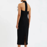 Sexy Backless Feather Embellished Diamond Embedded Floral Wrap Dress Mid-Length Sleeveless Gown Tight Fit Mid Waist Zipper 1