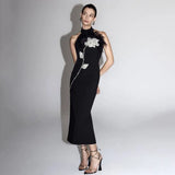 Sexy Backless Feather Embellished Diamond Embedded Floral Wrap Dress Mid-Length Sleeveless Gown Tight Fit Mid Waist Zipper 2