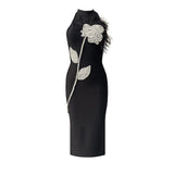 Sexy Backless Feather Embellished Diamond Embedded Floral Wrap Dress Mid-Length Sleeveless Gown Tight Fit Mid Waist Zipper 4