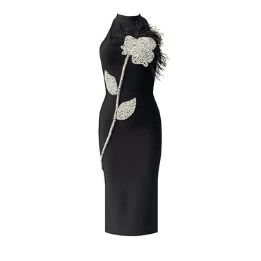 Sexy Backless Feather Embellished Diamond Embedded Floral Wrap Dress Mid-Length Sleeveless Gown Tight Fit Mid Waist Zipper 4