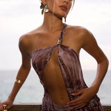 Sexy One Shoulder Swimwear with Skirt Sleeveless Hollow Out Long Dress Swimsuit Summer Beach Female Mesh Robe 4