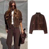 Short Jacket in Suede-Look with Stand Collar and Defined Waist 1